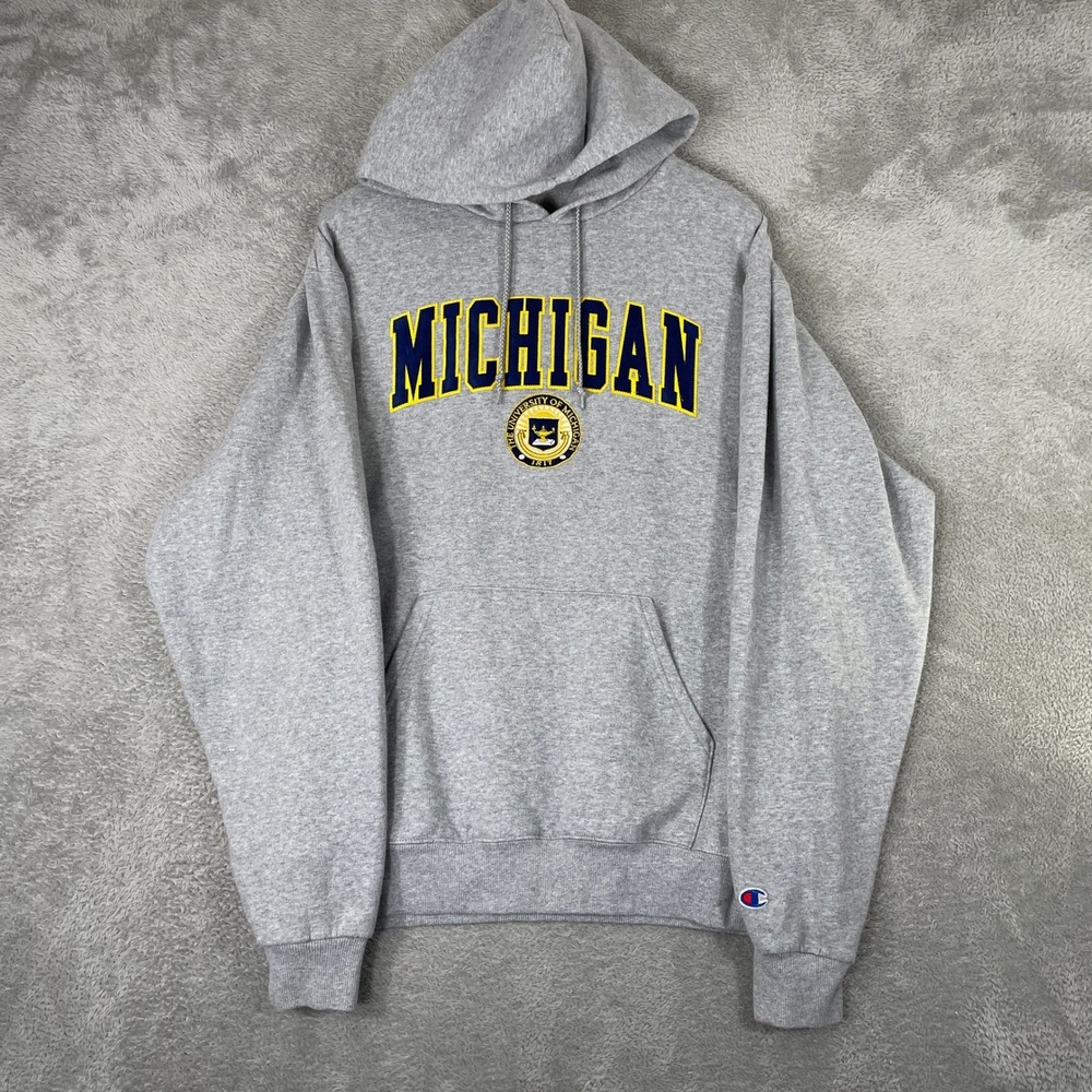 Champion Michigan‎ Hoodie Mens Large Gray Embroidered Logo Pullover Sweatshirt